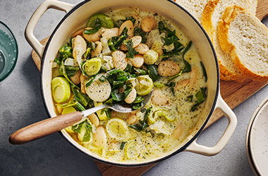 Creamy greens, pesto and butter bean stew