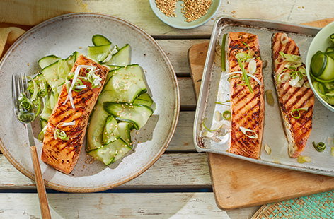 Wasabi and ginger adds a fiery kick to this barbecued salmon recipe which is cooled by the quick-pickled cucumber garnish